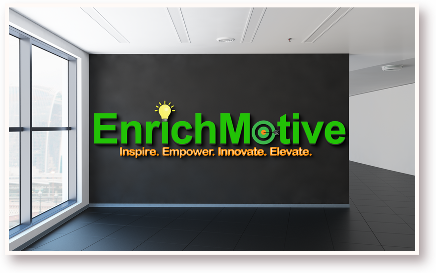 EnrichMotive logo displayed in a corporate interior