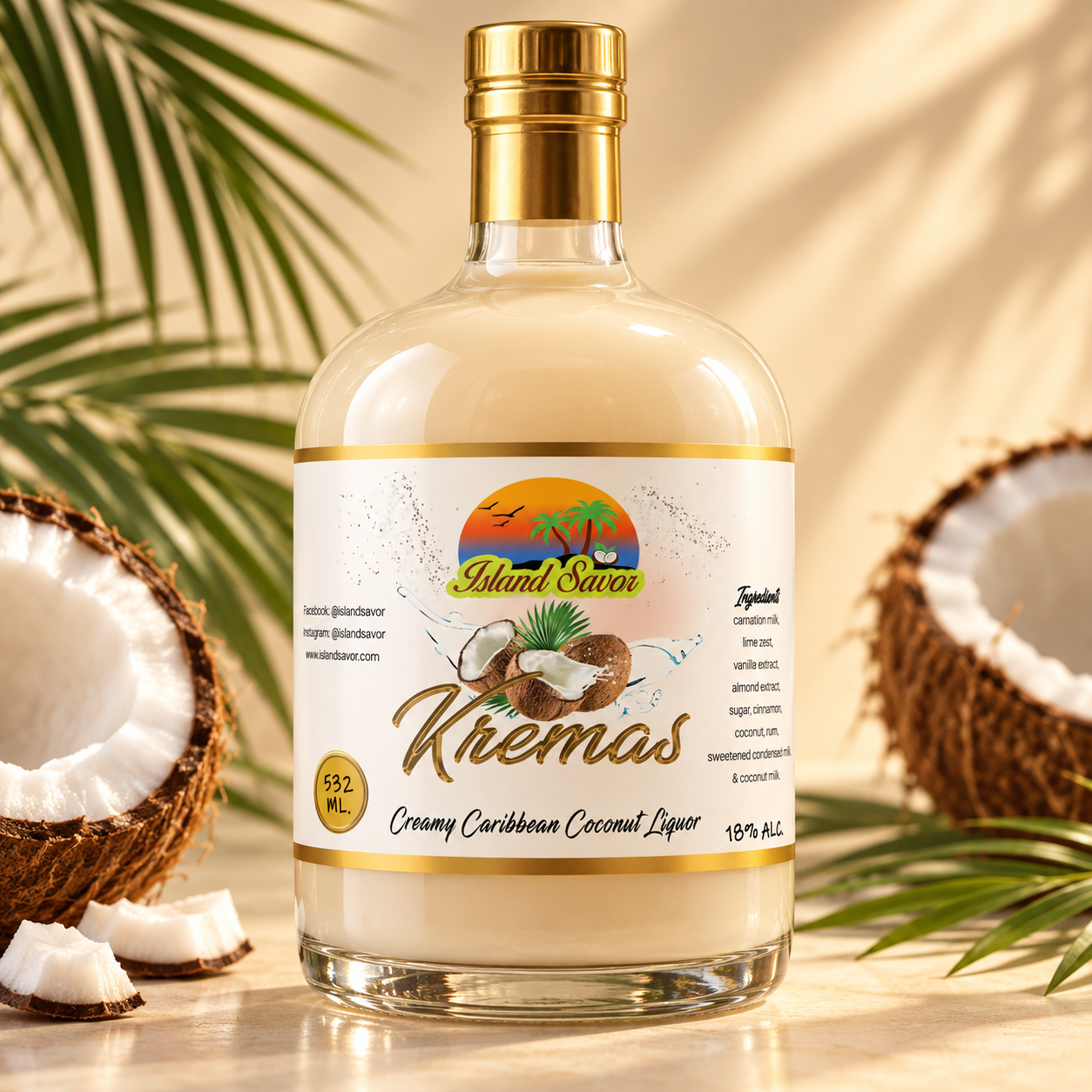 Island Savor Kremas label presented on a creamy Caribbean coconut liqueur bottle