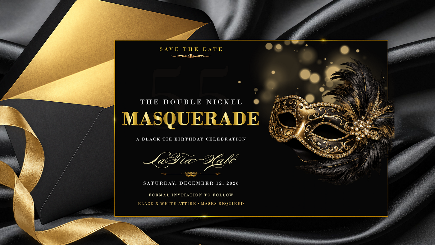 Double Nickel Masquerade Save-the-Date design