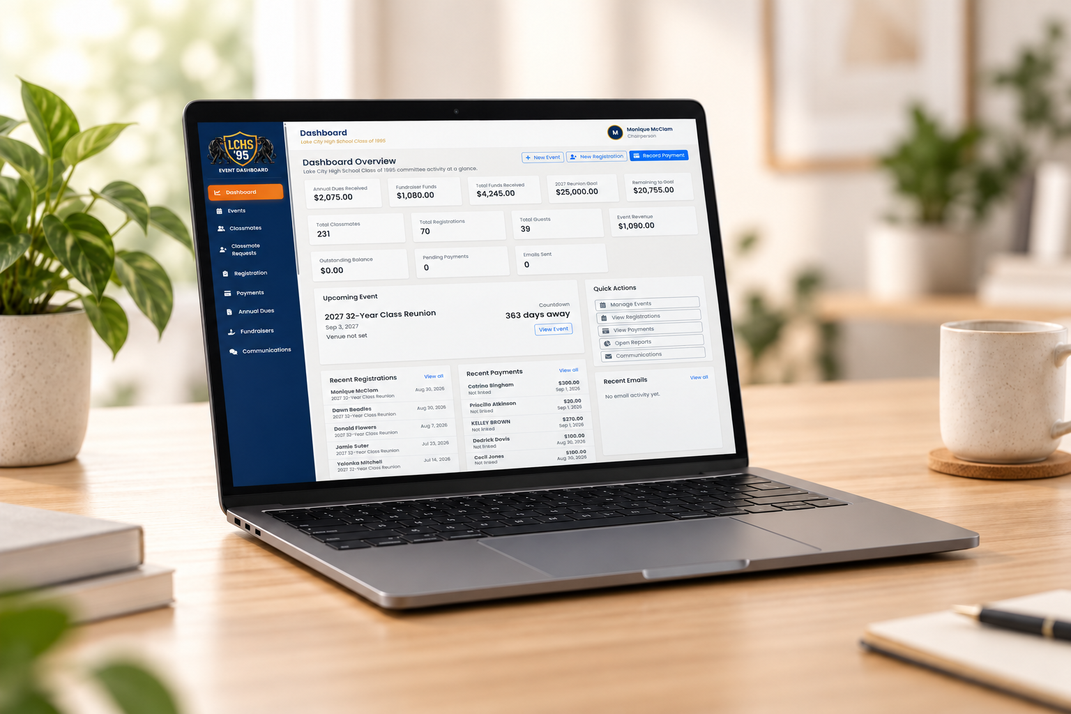 Lake City High School Event Management System displayed on a laptop