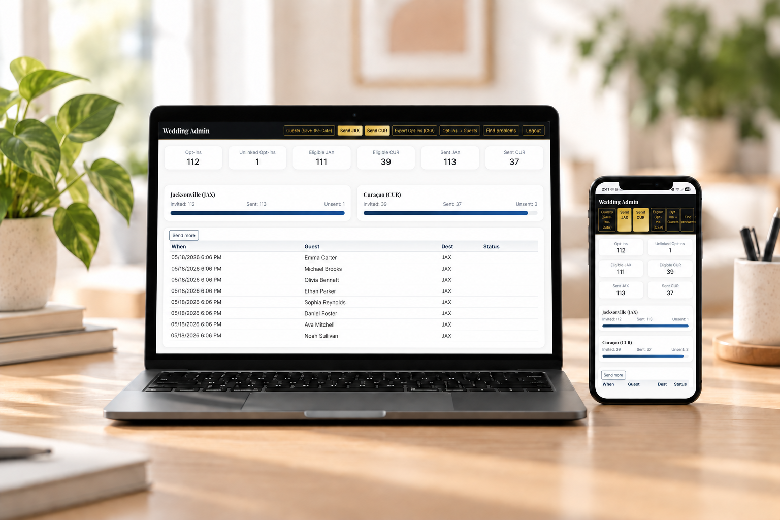 Wedding RSVP Management Platform displayed on a laptop and mobile phone