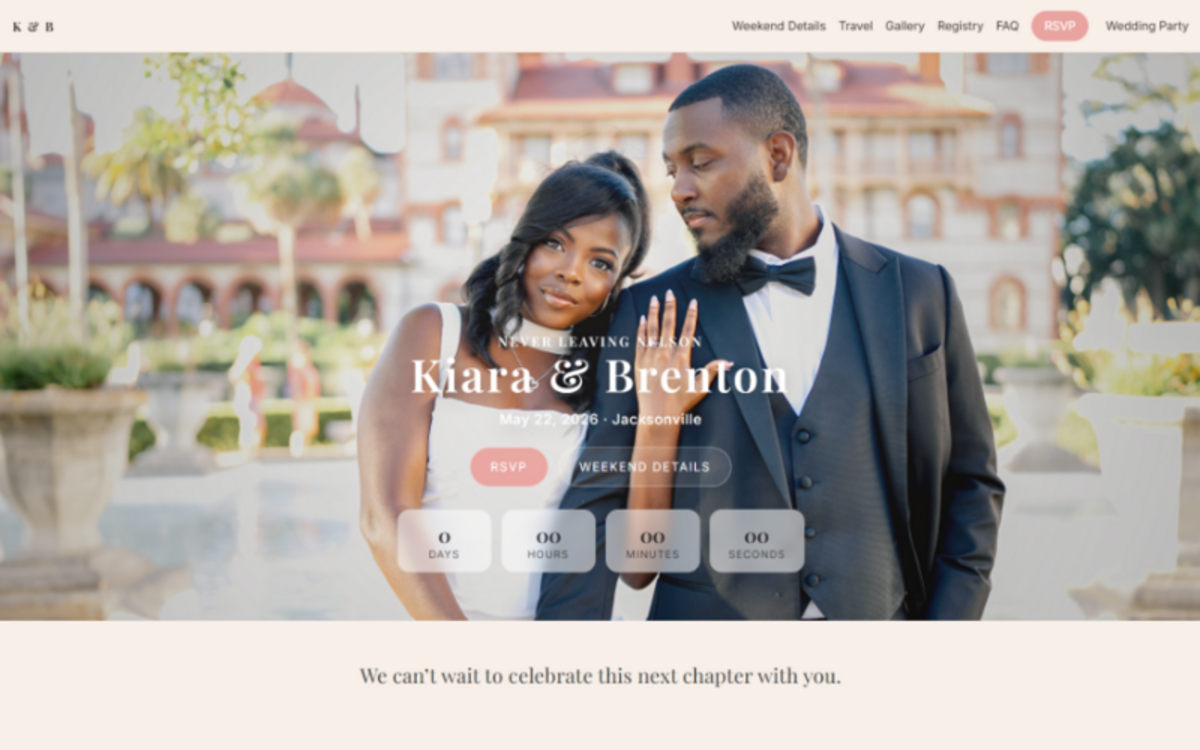 Kiara and Brenton custom wedding website homepage