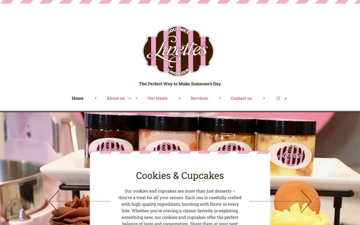 Linette's Gourmet Cookies and Cupcakes website homepage