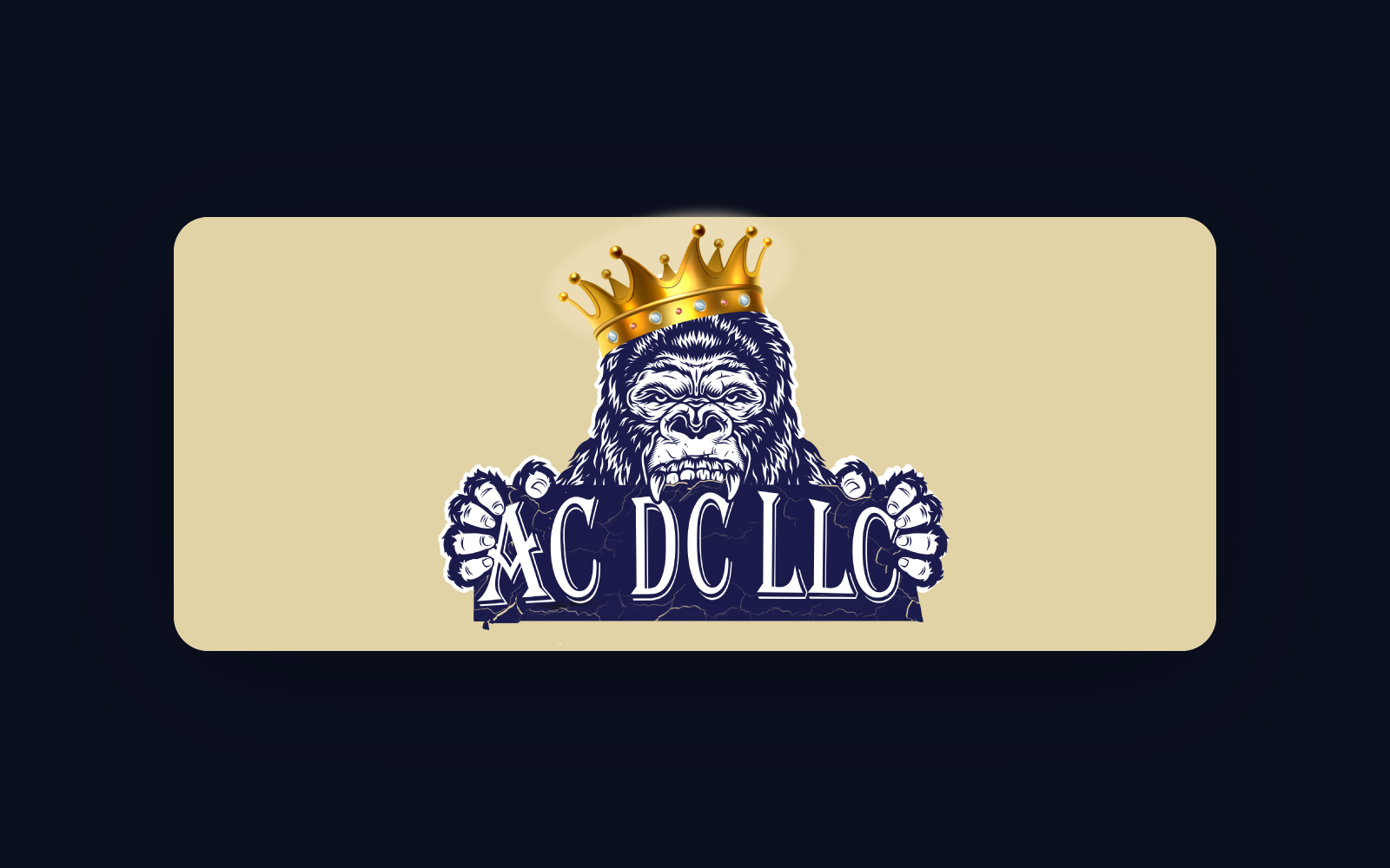 AC DC crest-style logo on dark background and stationery mockup