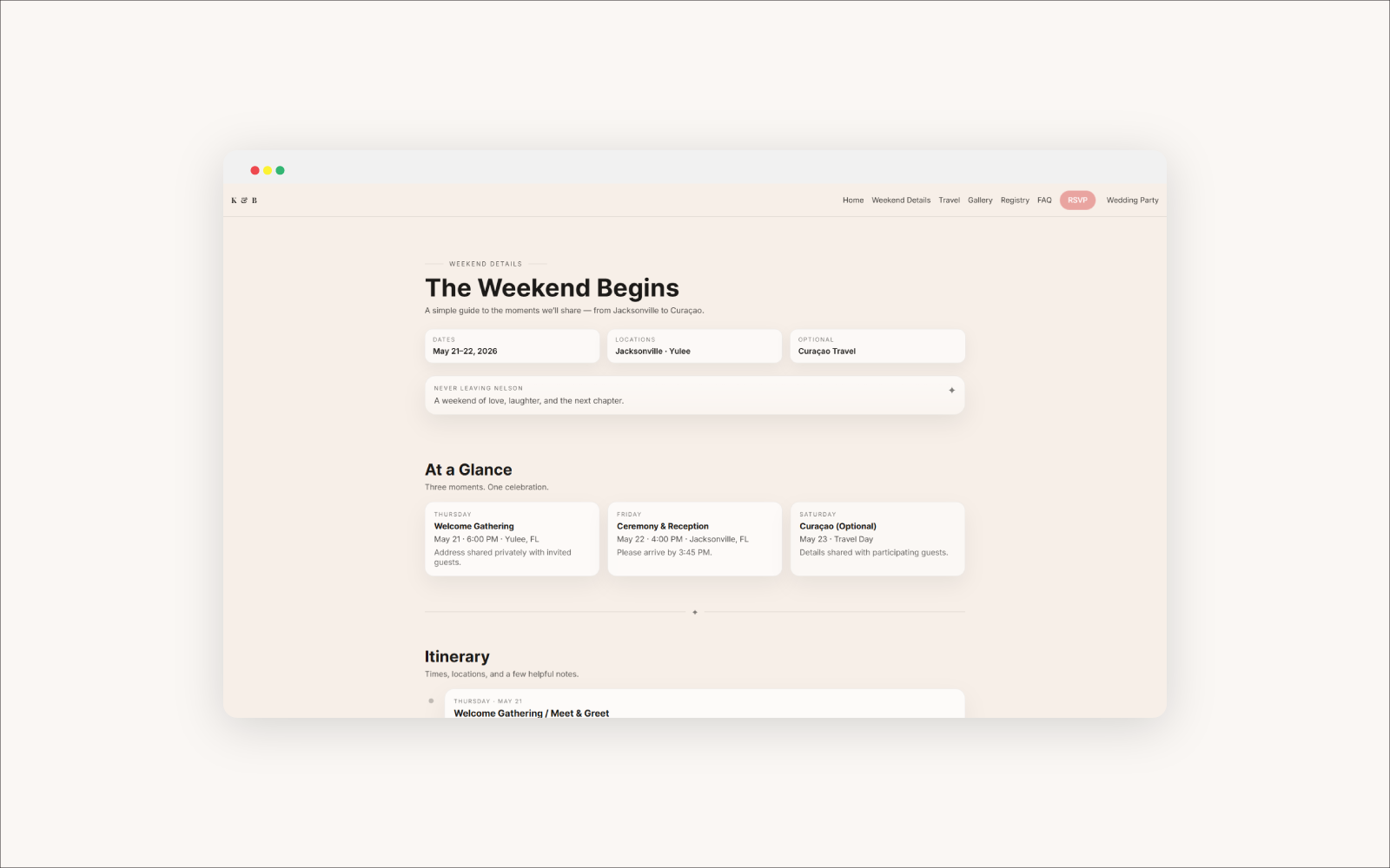 Wedding event details page for Kiara and Brenton