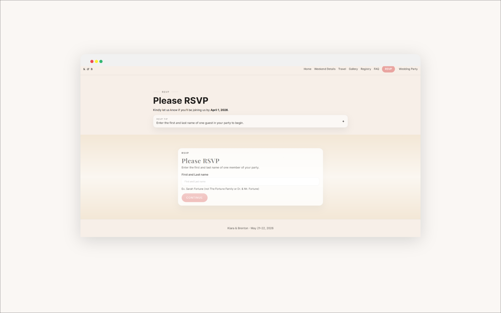 RSVP planning flow for Kiara and Brenton wedding website