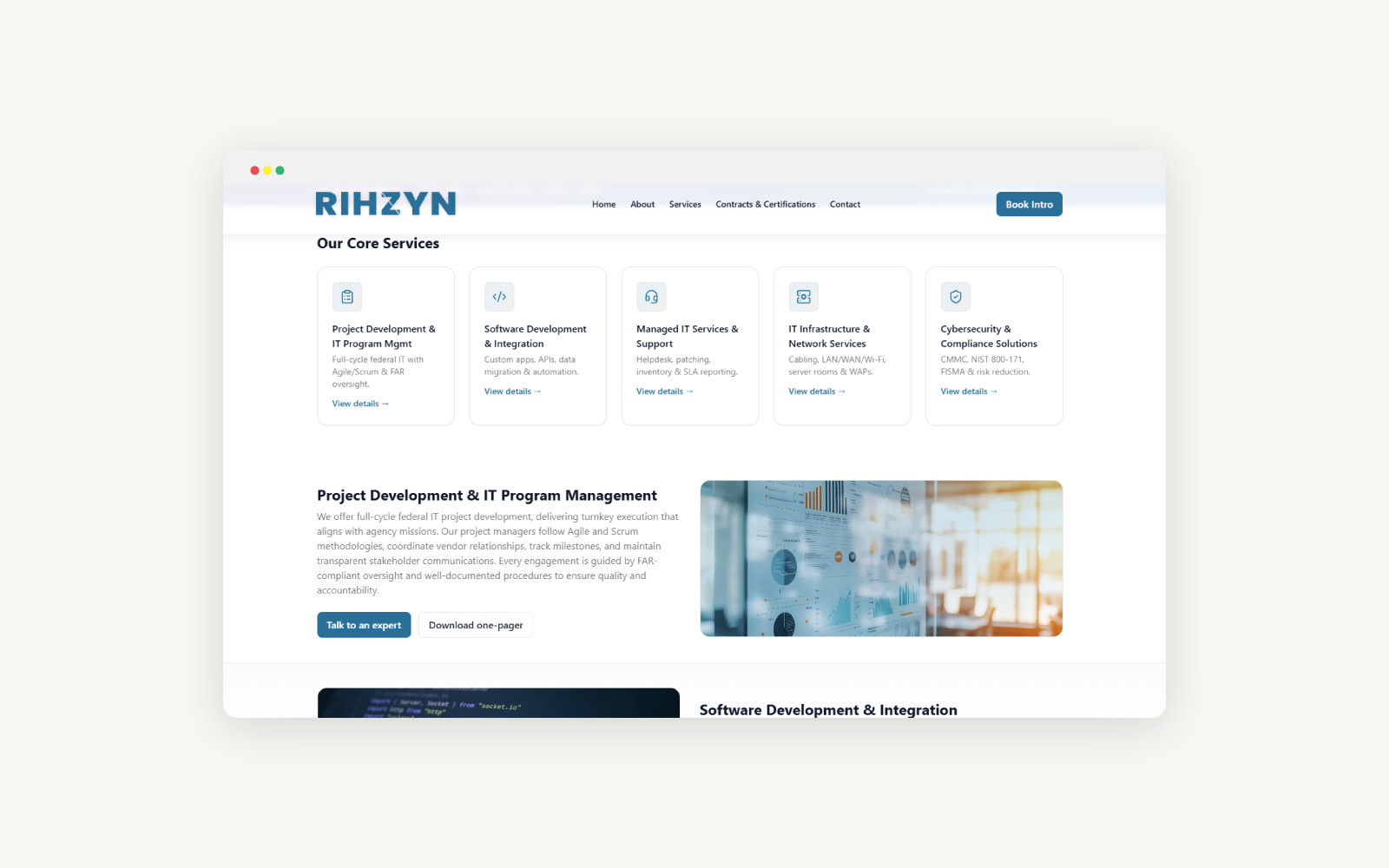 Rihzyn services and capabilities page layout
